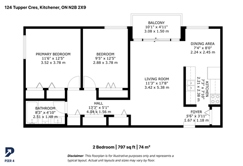 Floor plan for 2 beds, 1 bath, 797 sqft